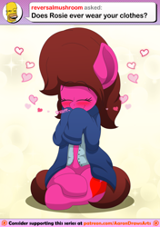 Size: 3600x5100 | Tagged: safe, artist:aarondrawsarts, oc, oc:rose bloom, earth pony, pony, ask brain teaser, blushing, clothes, crossover, female, happy, heart, homer simpson, shirt, sniffing, tumblr