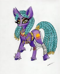 Size: 2431x2985 | Tagged: safe, artist:luxiwind, oc, oc only, oc:zarisa, pony, unicorn, bandage, clothes, female, high res, mare, see-through, solo, traditional art