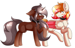 Size: 5040x3240 | Tagged: safe, artist:prism(not colourful), oc, oc only, oc:cinnamon sugar, oc:ruby halo, pegasus, pony, unicorn, absurd resolution, female, flower, mare, mouth hold, one eye closed, rose, simple background, transparent background, wink