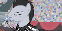 Size: 1932x975 | Tagged: safe, screencap, lucky clover, earth pony, pony, common ground, g4, blowing whistle, buckball court, buckball stadium, cute, luckybetes, male, puffy cheeks, referee, solo, stallion, that pony sure does love whistles, whistle, whistle necklace