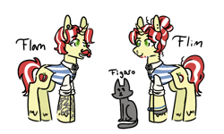 Size: 976x584 | Tagged: safe, artist:ask-pinkie-polkadot-pie, flam, flim, cat, pony, tumblr:ask-pinkie-polkadot-pie, g4, alternate hairstyle, flim flam brothers, long ears, simple background, tattoo, transparent background