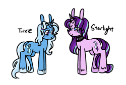 Size: 839x568 | Tagged: safe, artist:ask-pinkie-polkadot-pie, starlight glimmer, trixie, pony, tumblr:ask-pinkie-polkadot-pie, g4, implied death, long ears, simple background, story included, transparent background