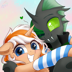 Size: 3000x3000 | Tagged: safe, artist:astery, derpibooru exclusive, oc, oc only, oc:accurate balance, oc:utopia, changeling, pony, unicorn, accopia, commission, cuddling, cute, duo, green changeling, grin, heart eyes, high res, looking at you, one eye closed, selfie, simple background, smiling, sparkly eyes, two toned background, two toned mane, wingding eyes, wink