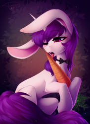 Size: 2744x3760 | Tagged: safe, artist:shenki, oc, oc only, oc:lapush buns, bunnycorn, pony, unicorn, bowtie, carrot, food, herbivore, high res, hungry, licking, solo, suggestive eating, tongue out