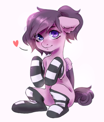 Size: 897x1054 | Tagged: safe, artist:sporghkjlp, oc, oc only, oc:dozy dreams, pegasus, pony, clothes, happy, heart, heterochromia, looking at you, ponytail, simple background, sitting, socks, solo, striped socks, white background