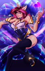 Size: 1260x2010 | Tagged: safe, artist:mandy1412, sunset shimmer, fox, human, kitsune, g4, ahri, beckoning, clothes, cosplay, costume, crossover, female, humanized, k/da, league of legends, looking at you, nyanset shimmer, socks, solo, thigh highs, video game crossover, whisker markings