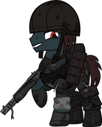 Size: 1280x1586 | Tagged: safe, artist:n0kkun, oc, oc only, oc:stone heart (ice1517), earth pony, pony, fallout equestria, armor, bag, bandage, boots, clothes, crossover, dirt, fallout, gloves, gun, helmet, knee pads, male, mud, pants, saddle bag, shirt, shoes, shotgun, simple background, solo, spas-12, stallion, tape, transparent background, weapon