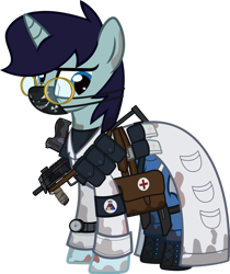 Size: 1280x1521 | Tagged: safe, artist:n0kkun, oc, oc only, oc:clear mind, pony, unicorn, fallout equestria, bag, belt, boots, clothes, combat medic, crossover, dirt, face mask, fallout, female, glasses, gun, handgun, jeans, knee pads, lab coat, mare, mask, medical saddlebag, mp7, mud, pants, pistol, pouch, saddle bag, shirt, shoes, simple background, solo, submachinegun, surgical mask, tape, transparent background, watch, weapon, wristwatch