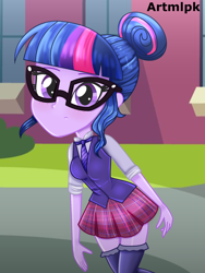 Size: 1536x2048 | Tagged: safe, artist:artmlpk, sci-twi, twilight sparkle, equestria girls, g4, adorable face, adorkable, beautiful, blushing, clothes, cute, design, digital art, dork, female, hair bun, looking at you, miniskirt, nerd, outfit, skirt, smiling, smiling at you, socks, solo, thigh highs, twiabetes, walking