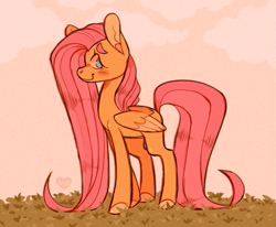 Size: 989x813 | Tagged: safe, artist:carebeartastic, fluttershy, pegasus, pony, g4, blush sticker, blushing, colored hooves, female, looking at you, mare, outdoors, profile, smiling, solo, spread wings, standing, three quarter view, two toned wings, wings