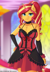 Size: 1114x1600 | Tagged: safe, artist:twistedscarlett60, sunset shimmer, unicorn, anthro, g4, alternate hairstyle, bare shoulders, blurry background, breasts, chest fluff, choker, clothes, cute, detached sleeves, dress, ear fluff, female, floppy ears, gothic lolita, lolita fashion, looking at you, mare, ponytail, ribbon, ruffles, shimmerbetes, shoulder fluff, smiling, solo