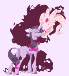 Size: 543x600 | Tagged: safe, artist:ogaraorcynder, artist:szafir87, fhtng th§ ¿nsp§kbl, oleander (tfh), classical unicorn, demon, pony, unicorn, them's fightin' herds, animated, blushing, butt, cloven hooves, community related, curved horn, cute, eyes closed, female, floppy ears, fredeander, gif, horn, interspecies, leonine tail, male, mare, noseboop, nuzzling, pink background, plot, shadow, shipping, simple background, skull, smiling, tail wag, unshorn fetlocks, white background