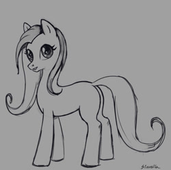 Size: 1088x1080 | Tagged: safe, artist:sinvelia, oc, oc only, earth pony, pony, black and white, earth pony oc, female, gray background, grayscale, looking at you, mare, missing cutie mark, monochrome, simple background, sketch, solo