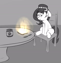 Size: 2517x2601 | Tagged: safe, artist:lockheart, oc, oc only, oc:brownie bun, earth pony, pony, bread, chair, epic fail, fail, female, fire, floppy ears, food, food on fire, high res, i have failed the dins, mare, monochrome, peanut butter, sitting, solo, some mares just want to watch the world burn, this ended in fire, this is fine, toast, you've met with a terrible fate haven't you?