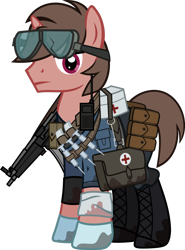 Size: 1280x1726 | Tagged: safe, artist:n0kkun, oc, oc only, oc:clear clouds, pony, unicorn, fallout equestria, bag, bandage, belt, boots, clothes, crossover, fallout, gloves, goggles, gun, jeans, male, medic, mp5, pants, pouch, radio, saddle bag, shirt, shoes, simple background, solo, stallion, submachinegun, syringe, transparent background, weapon