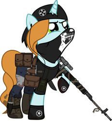 Size: 1280x1381 | Tagged: safe, artist:n0kkun, oc, oc only, oc:hyper scope, pony, unicorn, fallout equestria, bag, bandana, belt, beret, boots, clothes, crossover, dragunov, fallout, female, gloves, gun, hat, jeans, knife, mare, pants, pouch, radio, raised hoof, rifle, saddle bag, shirt, shoes, simple background, sniper, sniper rifle, solo, t-shirt, tape, torn clothes, transparent background, weapon