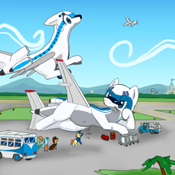 Size: 600x600 | Tagged: safe, artist:kushina13, original species, plane pony, pony, boeing 727, bus, luggage, pan am, plane, presenting