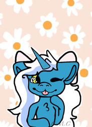 Size: 375x513 | Tagged: safe, artist:chipperdipper24, oc, oc:fleurbelle, alicorn, pony, :p, alicorn oc, bow, chest fluff, female, flower, hair bow, horn, mare, one eye closed, tongue out, wingding eyes, wings, wink, yellow eyes