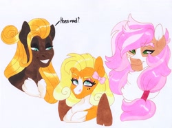 Size: 3924x2920 | Tagged: safe, artist:frozensoulpony, oc, oc only, oc:canary, oc:honey humble, oc:miss muppet, earth pony, pegasus, pony, female, high res, mare, offspring, parent:fluttershy, parent:trouble shoes, parents:troubleshy, traditional art