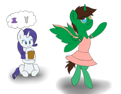 Size: 1800x1400 | Tagged: safe, artist:jadedpuzzle, rarity, oc, oc:frost d. tart, alicorn, pony, unicorn, g4, alicorn oc, ballerina, bipedal, clipboard, crossdressing, dancing, horn, hypnosis, hypnotized, kaa eyes, simple background, thought bubble, transparent background, wings