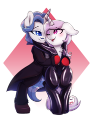 Size: 780x1040 | Tagged: safe, artist:tikrs007, fancypants, fleur-de-lis, pony, unicorn, g4, arm behind head, bipedal, blushing, catsuit, commission, crossover, cuddling, female, imminent sex, joker (persona), latex, lidded eyes, looking back, looking over shoulder, male, mare, persona, persona 5, ship:fancyfleur, shipping, stallion, straight, undressing