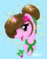 Size: 1080x1350 | Tagged: safe, artist:turtletroutstudios, oc, oc only, pony, unicorn, bust, flower, flower in hair, horn, signature, smiling, solo, unicorn oc
