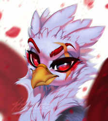 Size: 808x907 | Tagged: source needed, useless source url, safe, artist:dolorosacake, oc, oc only, oc:gideon, griffon, commission, feather, fur, petals, solo, wings