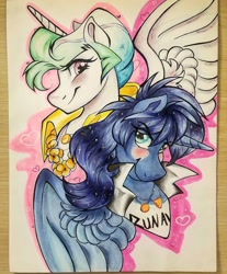 Size: 1080x1306 | Tagged: safe, artist:raccoonrambles, princess celestia, princess luna, alicorn, pony, g4, bust, clothes, duo, female, mare, siblings, sisters, traditional art