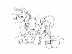 Size: 4000x3000 | Tagged: safe, artist:drtuo4, apple bloom, applejack, big macintosh, earth pony, pony, g4, accessory swap, adorabloom, apple siblings, apple sisters, applebetes, brother and sister, cute, family, jackabetes, laughing, monochrome, siblings, silly, sisters, sketch, smiling, squishy cheeks, sweet dreams fuel, tongue out