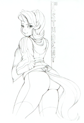 Size: 1104x1614 | Tagged: safe, artist:longinius, starlight glimmer, unicorn, anthro, g4, ass, blushing, butt, clothes, female, glimmer glutes, hand in pocket, hoodie, jacket, looking back, midriff, monochrome, pants, text, tight clothing, tights, traditional art, yoga pants