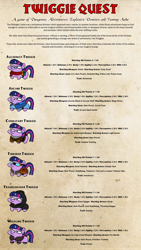 Size: 1920x3400 | Tagged: safe, artist:velgarn, twilight sparkle, pony, unicorn, g4, adventurer, alchemist, armor, bag, cloak, clothes, combatant, crossover, fantasy class, female, fighter, fur mantle, glasses, goggles, hero quest, mare, parody, potion, rogue, saddle bag, scarf, silly, spell caster, style emulation, tabletop game, tinkerer, twiggie, twiggie quest, unicorn twilight, wildling, wizard