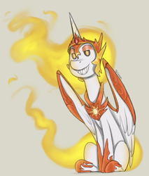 Size: 850x1000 | Tagged: safe, artist:sinrar, daybreaker, alicorn, pony, g4, colored sketch, fangs, female, looking at you, mane of fire, sharp teeth, simple background, sitting, sketch, smiling, solo, tan background, teeth