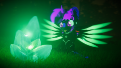 Size: 3840x2160 | Tagged: safe, artist:phoenixtm, oc, oc:phoenix stardash, cyborg, dracony, dragon, hybrid, pony, 3d, crystal, cute, dracony alicorn, glowing, glowing crystals, happy, high res, spread wings, unity (game engine), weapons-grade cute, wings