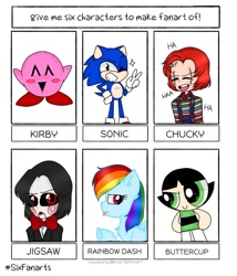 Size: 1026x1200 | Tagged: safe, artist:thayla_mcstar, rainbow dash, pegasus, pony, puffball, anthro, g4, :d, :p, anthro with ponies, billy the puppet, bust, buttercup (powerpuff girls), cartoon network, chest fluff, child's play, chucky, crossover, doll, female, grin, kirby, kirby (series), laughing, male, mare, nintendo, one eye closed, peace sign, saw (movie), sega, six fanarts, smiling, sonic the hedgehog, sonic the hedgehog (series), the powerpuff girls, tongue out, toy, wink