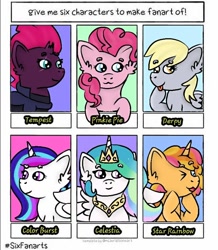 Size: 720x824 | Tagged: safe, artist:yuru_kaza, derpy hooves, pinkie pie, princess celestia, tempest shadow, oc, oc:color burst, alicorn, earth pony, pegasus, pony, g4, broken horn, bust, crossover, female, horn, mare, peytral, six fanarts, smiling, spread wings, wings