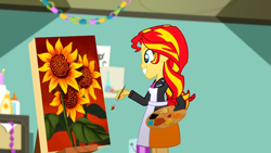 Size: 1280x720 | Tagged: safe, screencap, sunset shimmer, equestria girls, g4, my little pony equestria girls: summertime shorts, the art of friendship, female, flower, grin, happy, paint, painting, smiling, sunflower, sunset's painting