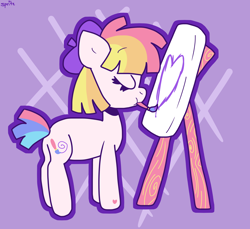 Size: 1966x1802 | Tagged: safe, artist:spritecranbirdie, toola roola, toola-roola, earth pony, pony, g3, canvas, cute, cutie mark, eyes closed, female, heart, mare, mouth hold, paintbrush, painting, profile, roolabetes, simple background, solo