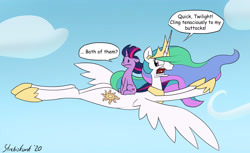 Size: 2204x1352 | Tagged: safe, artist:strebiskunk, princess celestia, twilight sparkle, alicorn, pony, unicorn, g4, cloud, dialogue, female, flying, mare, ponies riding ponies, powdered toast man, ren and stimpy, riding, sky, twilight riding celestia, unicorn twilight, windswept mane