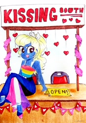 Size: 2322x3316 | Tagged: safe, artist:liaaqila, oc, oc only, oc:azure/sapphire, equestria girls, g4, crossdressing, equestria girls-ified, femboy, genderfluid pride flag, high res, kissing booth, male, pansexual pride flag, petticoat, pride, pride dress, pride flag, solo, traditional art