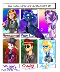 Size: 3000x3582 | Tagged: safe, artist:sara_kruchkina, princess luna, starlight glimmer, alicorn, demon, human, pony, robot, unicorn, g4, anthony j. crowley, bust, charlie and the chocolate factory, colored hooves, crossover, ethereal mane, female, galaxy mane, good omens, harry potter (series), hat, hermione granger, high res, mare, portal (valve), roald dahl, six fanarts, sunglasses, top hat, wheatley, willy wonka