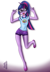 Size: 903x1280 | Tagged: safe, artist:atalix, sci-twi, twilight sparkle, equestria girls, g4, 2010s, 2019, base used, beautiful, beautisexy, camp everfree outfits, clothes, denim shorts, female, flats, glasses, happy, legs, multicolored hair, open mouth, ponytail, purple eyes, purple skin, sexy, shirt, shoes, shorts, simple background, skunk stripe, solo, t-shirt, transparent background, watermark