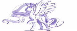 Size: 2309x932 | Tagged: safe, artist:kam, princess celestia, alicorn, pony, g4, female, mare, monochrome, raised hoof, simple background, smiling, solo, spread wings, white background, wings