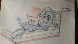 Size: 4128x2322 | Tagged: safe, artist:kody02, starlight glimmer, trixie, g4, bed, computer, female, irl, laptop computer, photo, pillow, plushie, tongue out, traditional art