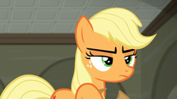 Size: 1920x1080 | Tagged: safe, screencap, applejack, earth pony, pony, g4, the saddle row review, bedroom eyes, cowgirl, female, freckles, green eyes, mare, solo