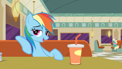 Size: 1920x1080 | Tagged: safe, screencap, rainbow dash, pegasus, pony, g4, the saddle row review, bendy straw, booth, cup, diner, drinking straw, salt shaker