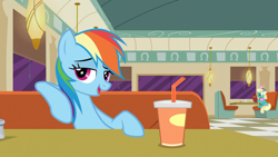 Size: 1920x1080 | Tagged: safe, screencap, honey curls, mare e. lynn, rainbow dash, pegasus, pony, g4, the saddle row review, bendy straw, booth, cup, diner, drinking straw, salt shaker