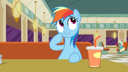 Size: 1920x1080 | Tagged: safe, screencap, rainbow dash, earth pony, pegasus, pony, g4, the saddle row review, booth, diner, female, hoof on chin, mare, salt shaker, sitting, solo focus