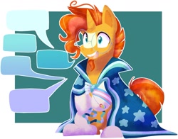 Size: 1361x1066 | Tagged: safe, artist:ditzydoggy, sunburst, pony, unicorn, g4, autism spectrum disorder, blaze (coat marking), cloak, clothes, coat markings, facial markings, glasses, lgbt headcanon, male, pride, pride flag, robe, sitting, socks (coat markings), solo, speech bubble, stimming, sunburst's cloak, trans sunburst, transgender pride flag