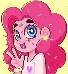 Size: 1280x1407 | Tagged: safe, artist:angie5174, gummy, pinkie pie, equestria girls, g4, bust, confetti, cute, diapinkes, female, food, peace sign, solo, sprinkles, stars, sticker, tongue out