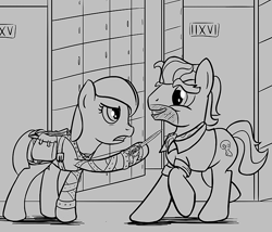 Size: 700x600 | Tagged: safe, artist:sirvalter, doctor caballeron, oc, oc:patrimony, crystal pony, earth pony, pony, fanfic:steyblridge chronicle, g4, bag, black and white, clothes, duo, fanfic, fanfic art, female, grayscale, grin, gritted teeth, hooves, illustration, knife, male, mare, monochrome, research institute, saddle bag, smiling, stallion, storage